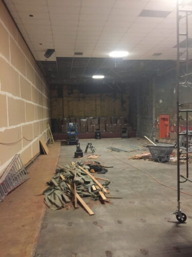 This photo shows the eastern auditorium of the Admiral Theater with all old seats gone and the covering removed from the interior partition wall that was installed in 1973 when the theater was twinned.